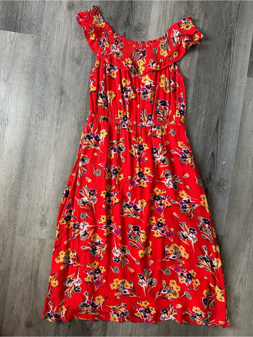 Anthropologie Red Floral Off-Shoulder Ruffle Midi Dress